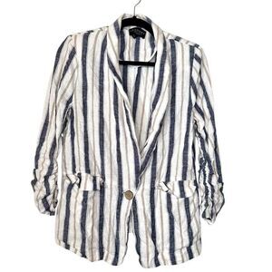 Laundry By Shelli Segal Linen Blend Single Breasted Jacket Blue White Medium